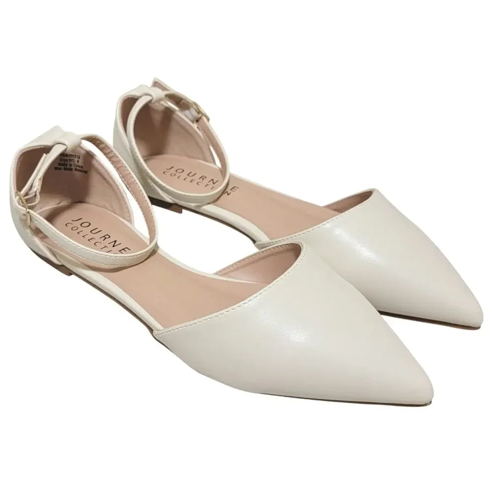 Journee Collection Women Reba Pointed Toe Ankle Strap Flat Size US 8W Bone White